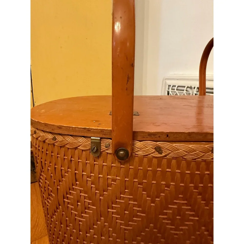 Vintage Red-Man Woven Picnic Basket Wood Lid Brown Diamond Pattern Peru Indiana
